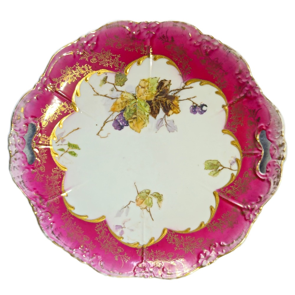 Antique Porcelain Pink‎ Gold Gilt Grape Leaf Cabinet Plate Scalloped 10"